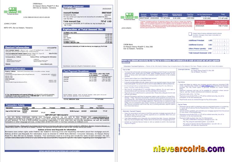 Tanzania CRDB Bank mortgage statement, 3 pages 1-2